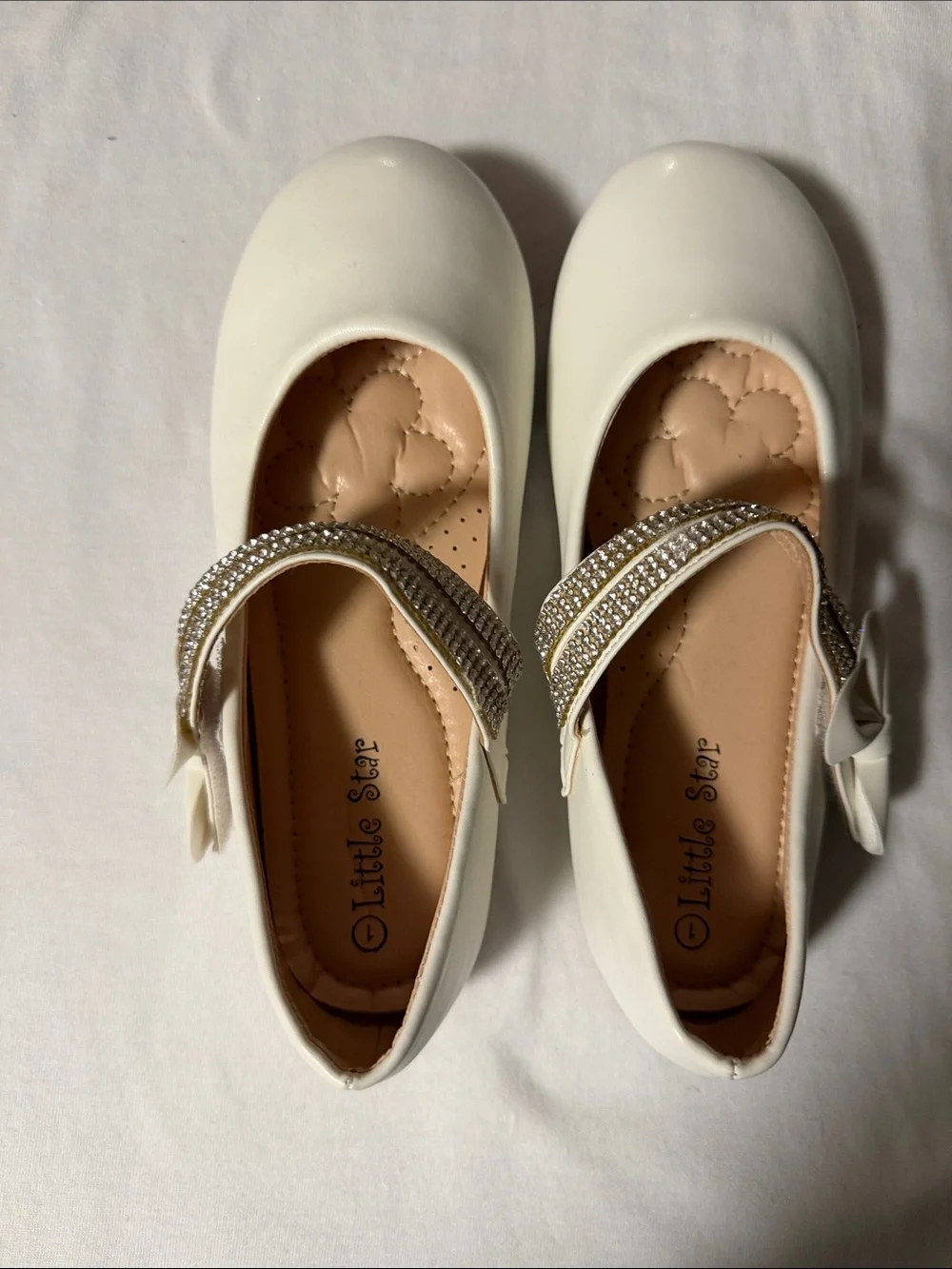 White Girls' Dress Mary Janes with Rhinestone Strap